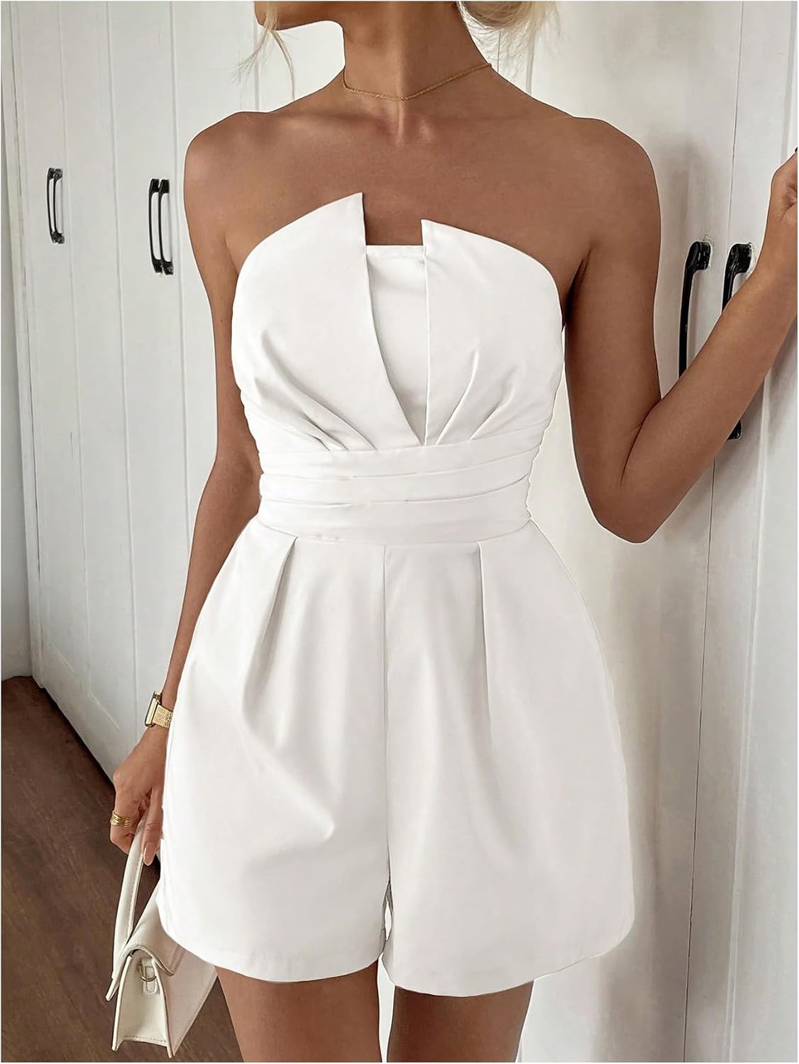 SweatyRocks Women's Elegant Pleated Shirred Tube Top Rompers Summer Strapless Shorts Jumpsuit