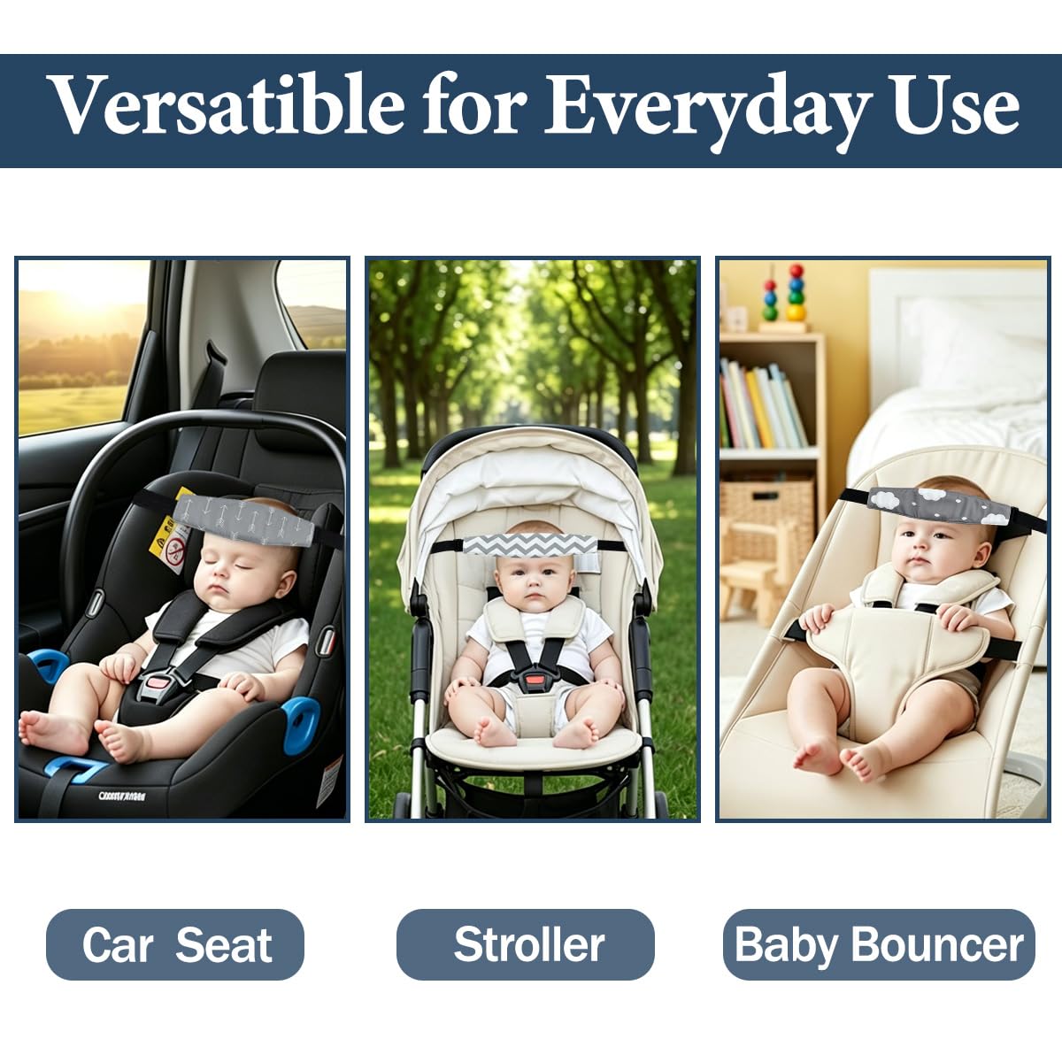 3Pcs Baby Head Support Band, Neck Relief Strap Headrest for Car Seat and Stroller, Sleeping Travel Head Holder(Grey)