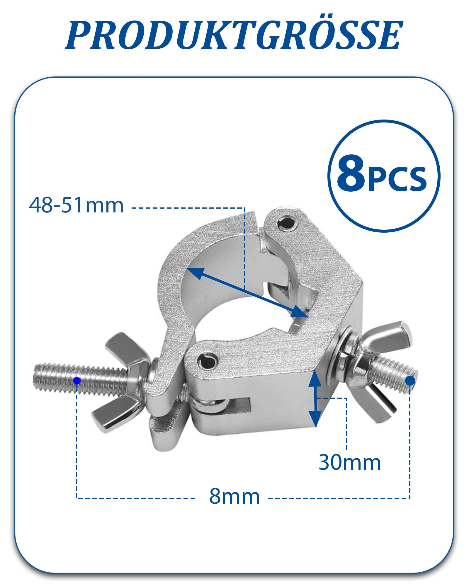 8 Stück Schnellschnalle Bühnenbeleuchtungsklemme: 48-51 mm Truss O Clamp Haken aus Aluminium für Bühnenbeleuchtung, 100KG Ladekapazität (Silber)