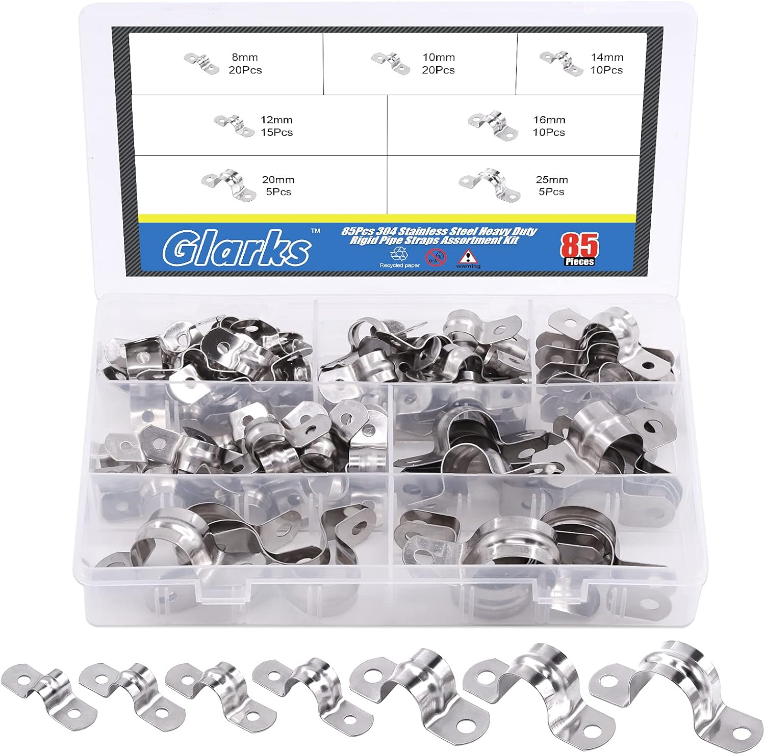 Glarks 85Pcs Pipe Strap Clamp Set M8 M10 M12 M14 M16 M20 M25 304 Stainless Steel Two Hole Strap Heavy Duty Rigid Pipe Strap U Bracket Tube Strap Assortment Kit For Pipe Tube Fixing