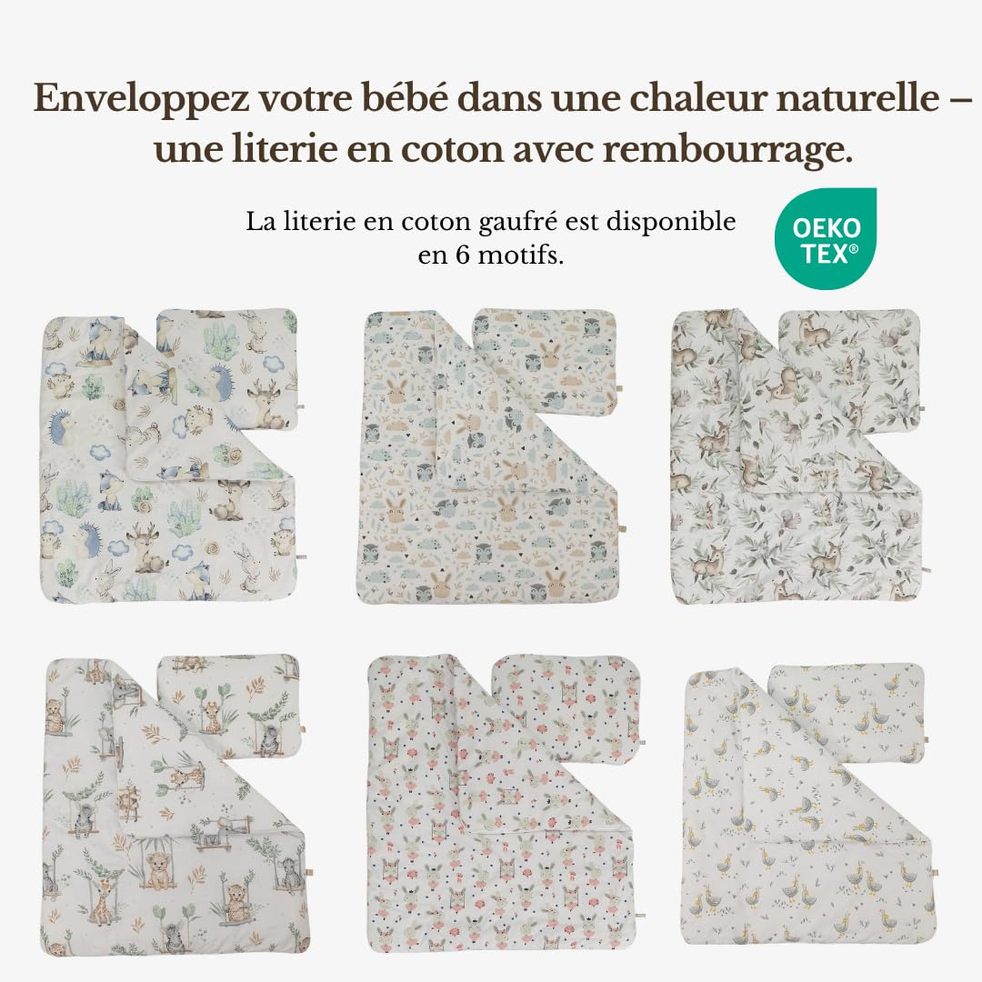 Wiklinopol Couffin Bébé avec Ciel de Lit – Berceau à roulettes en Osier avec Support – Ensemble Complet en Naturel avec 5 Pièces de Linge Nid d’Abeille Motif Safari Beige