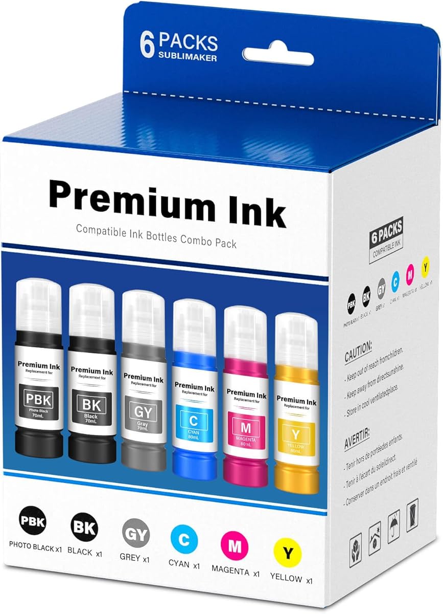 Compatible for 552 Ink Refill Bottles 6 Pack (NotSublimation Ink) Compatible Replacement for Epson Ecotank Photo ET-8550 ET-8500 ET8550 ET8500 8550 8500 Printer, T552 Ink (BK Pigment, PB C M Y GY Dye)