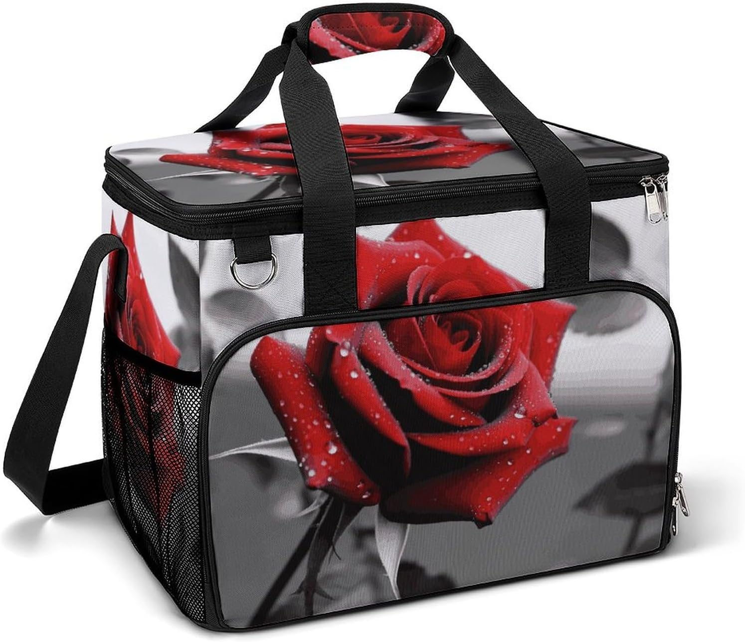 Insulated Picnic Backpack Tote Bag, Large Capacity 30L Black and White Red Rose Cooler Bag Leakproof Beach Bags Portable Lunch Box Waterproof Picnic Basket for Beach Camping BBQ