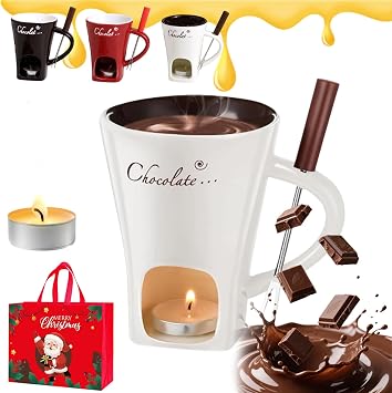 Meltie Cup, Chocolate Fondue Mug Sets with Fork and Candle, Ceramic Sweet Chocolate Fondue Cup, Portable Ceramic Melting Cups for Chocolates Cheese & Desserts, Ideal Gifts 1PC-C