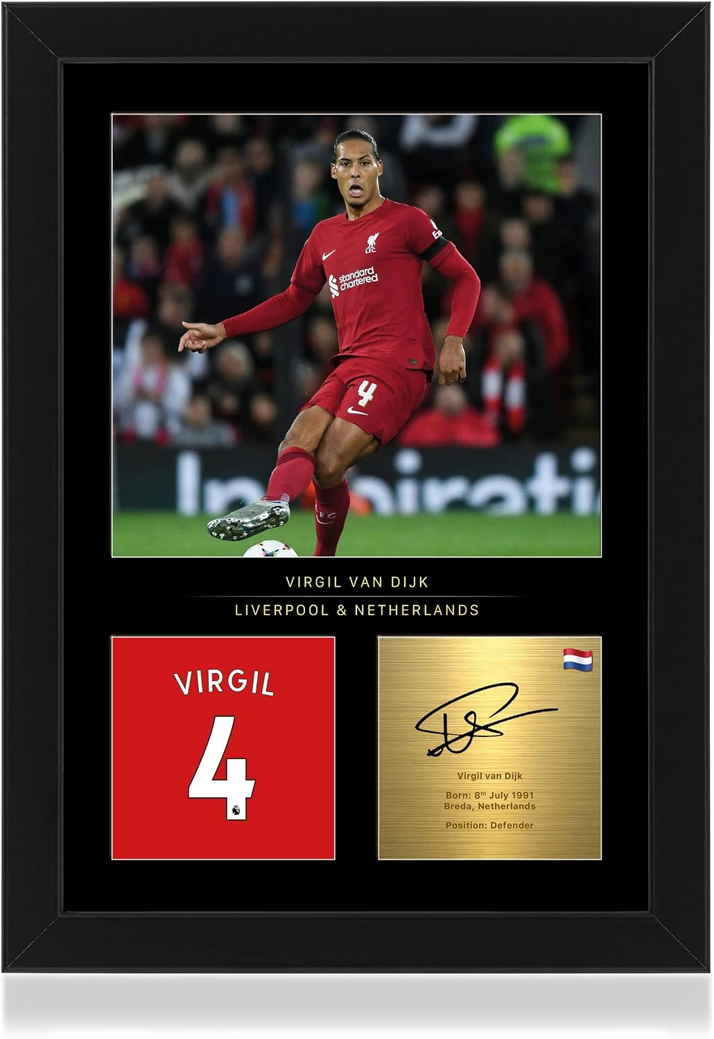 Win FC Virgil Van Dijk A4 Framed Photo Display - Reproduced Digital Signature - Gift For Liverpool Fans, Black, 33L x 24W cm