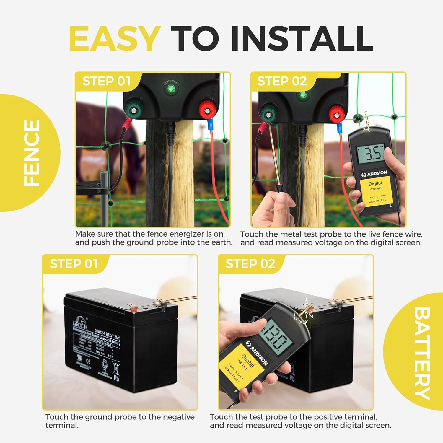 Andmon Versatile Electric Fence Tester, Battery Testing with Large LCD Display, Digital Electric Fence Voltage Tester, Accurate Testing Range 0 to13000V, Portable Design
