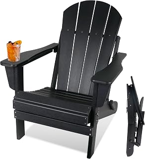 Worth Garden Folding Adirondack Chair with Arm Rests, HDPE Plastic Resin Durable Furniture Outdoor Fire Pit Chairs, Weather Resistant for Porch, Patio, Poolside, Deck, Lawn, Backyard, Beach. (Black)