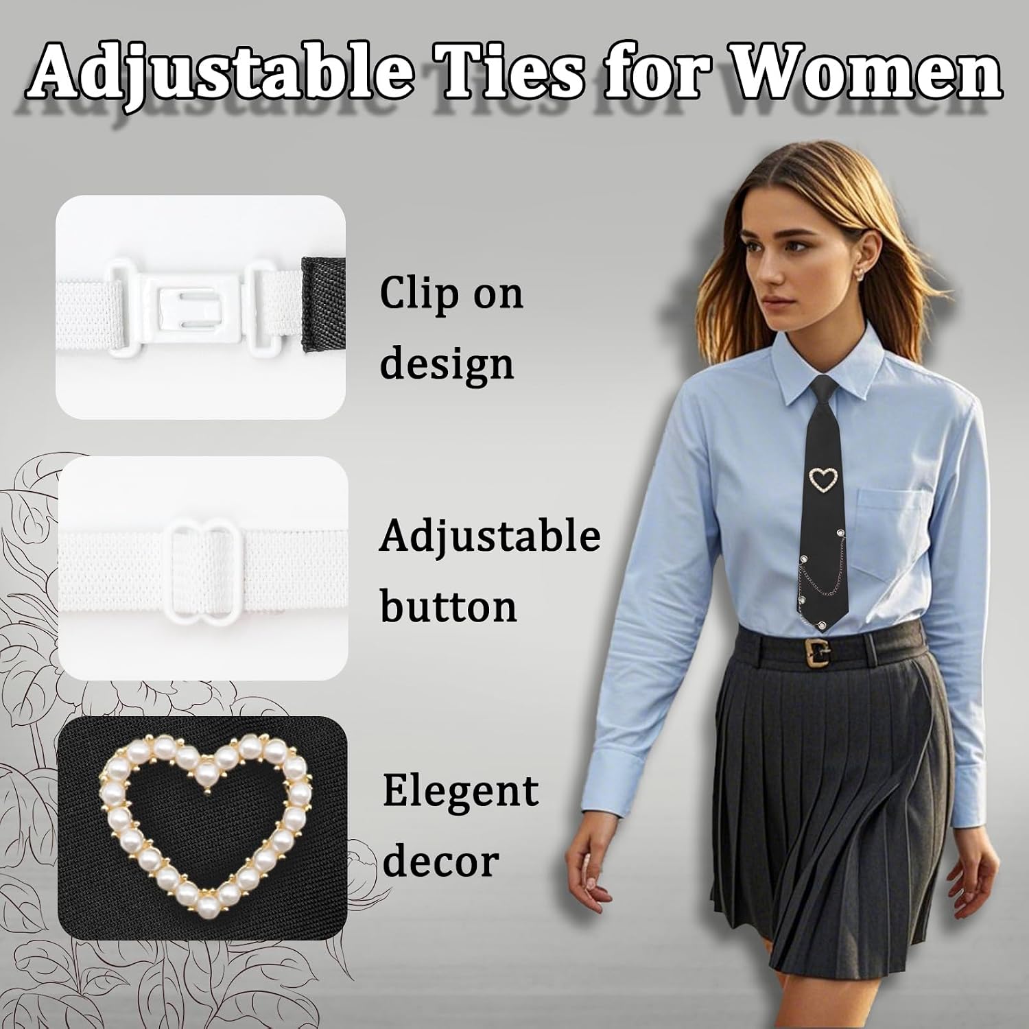 Womens Tie, Pre-tied Neck Ties with Artificial Pearls Accessory | Punk Metal Chain, Women, Necktie, Adjustable, Pre-tied, Polyester, Womens Tie for Office, Daily Use, Weddings, Parties