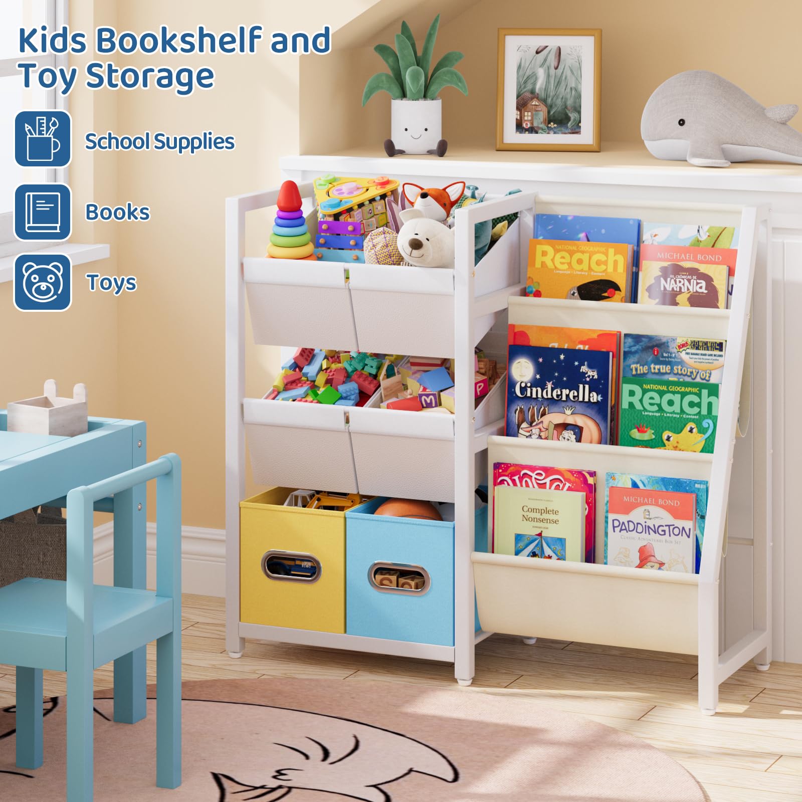 HAVLOTII Montessori - Libreria per bambini, con 3 scomparti, per la cameretta dei bambini, piccola libreria con 6 contenitori per giocattoli, espositore per libri Montessori