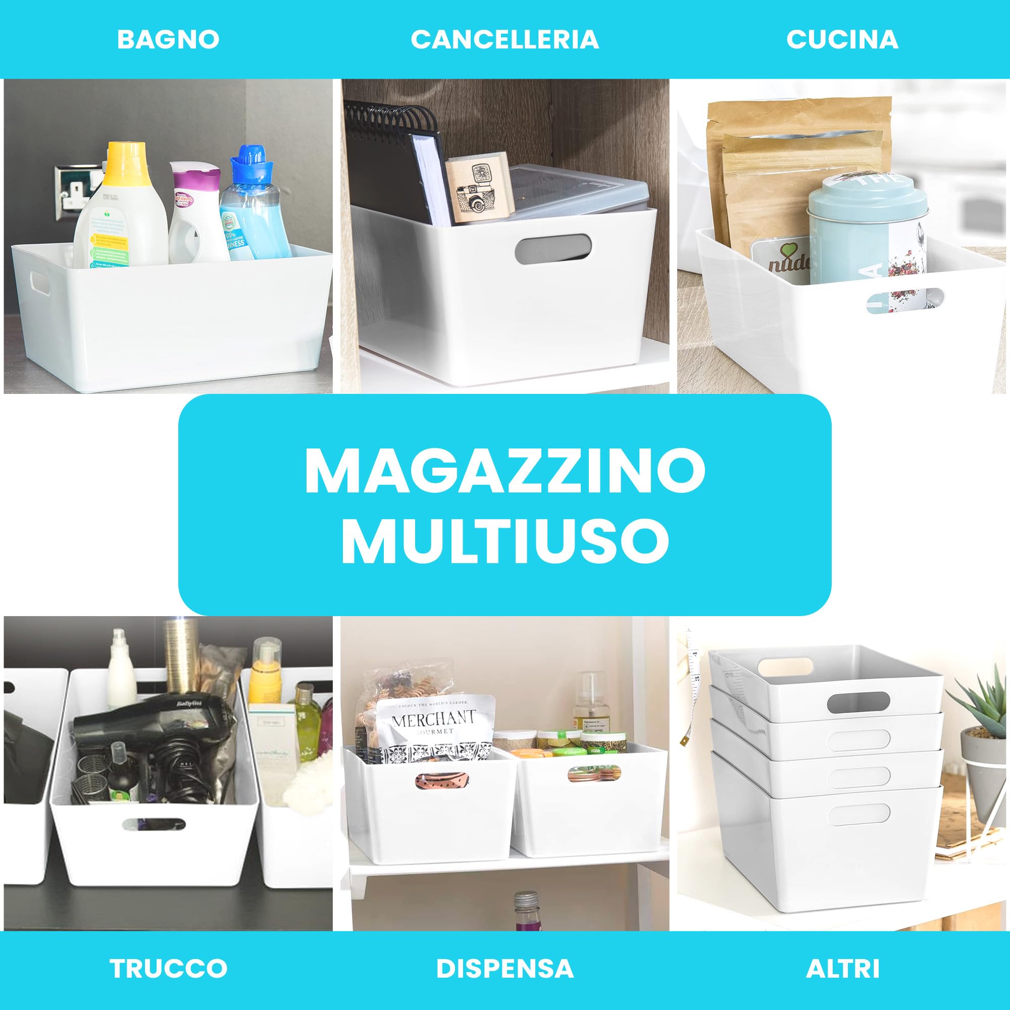 Niftii Set 5 Cestini Portaoggetti in Plastica - Contenitori Rettangolari con Manici per Cucina e Casa - Bianco
