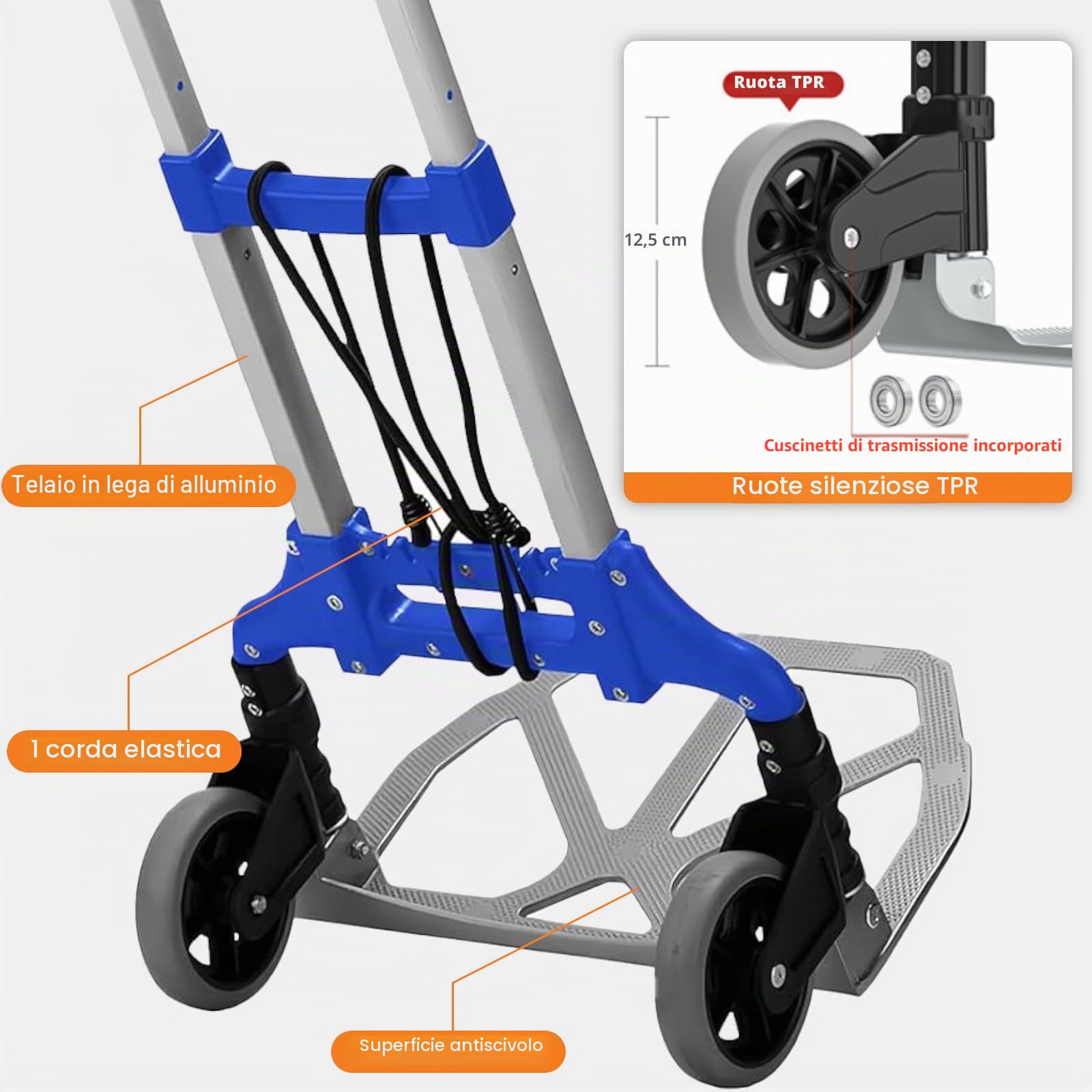 MAXBROTHERS Carrello di Trasporto Pieghevole in Alluminio, con Manico Telescopico 100cm, Ampio Vassoio Antiscivolo, Portata 165lb, 2 Ruote in TPR. Include 1 Cavo Retrattile