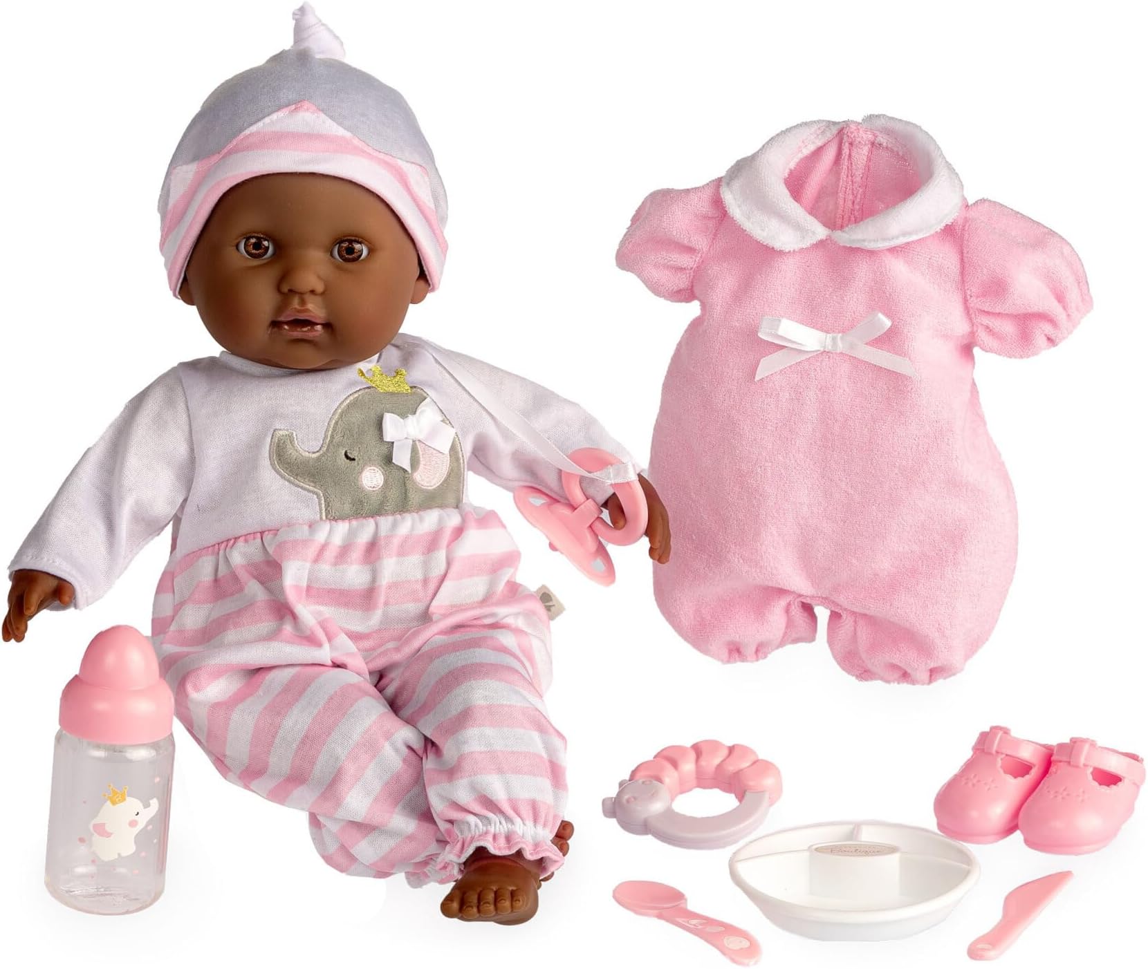 JC Toys 15" Realistic Soft Body African American Baby Doll with Open/Close Eyes Berenguer Boutique | 10 Piece Gift Set with Bottle, Rattle, Pacifier & Accessories | Pink | Ages 2+