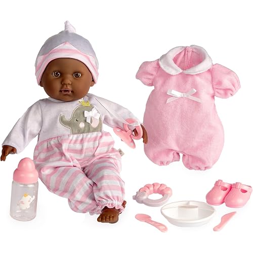 JC Toys 15" Realistic Soft Body African American Baby Doll with Open/Close Eyes Berenguer Boutique | 10 Piece Gift Set with Bottle, Rattle, Pacifier & Accessories | Pink | Ages 2+