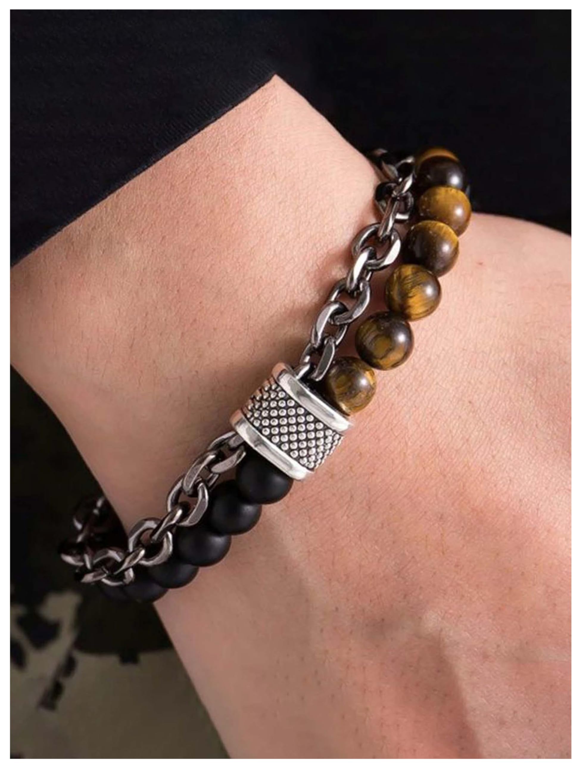 Tiger Eye & Black Onyx Moti Stone Beaded Bracelet With Silver Punk Curb Chain Link Wrist Band Cuff Thick Double Layered Chain Bracelet Gift For Men's And Boys-image-13