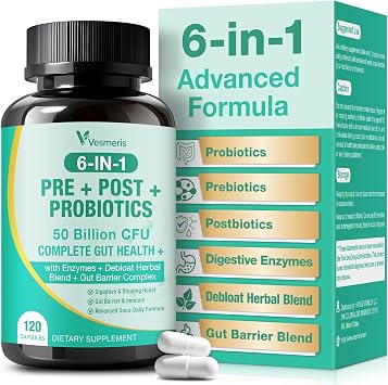 6-in-1 Probiotics for Women & Men, 50 Billion CFU 20 Strains with Prebiotics, Postbiotics, Digestive Enzymes, Gut Barrier & Herbal Comfort for Gut Health, Bloating & Gas, 120 Vegan Capsules