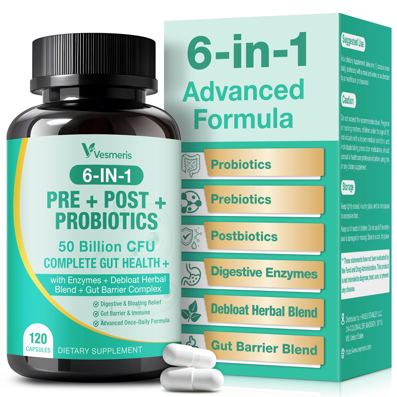 6-in-1 Probiotics for Women & Men, 50 Billion CFU 20 Strains with Prebiotics, Postbiotics, Digestive Enzymes, Gut Barrier & Herbal Comfort for Gut Health, Bloating & Gas, 120 Vegan Capsules