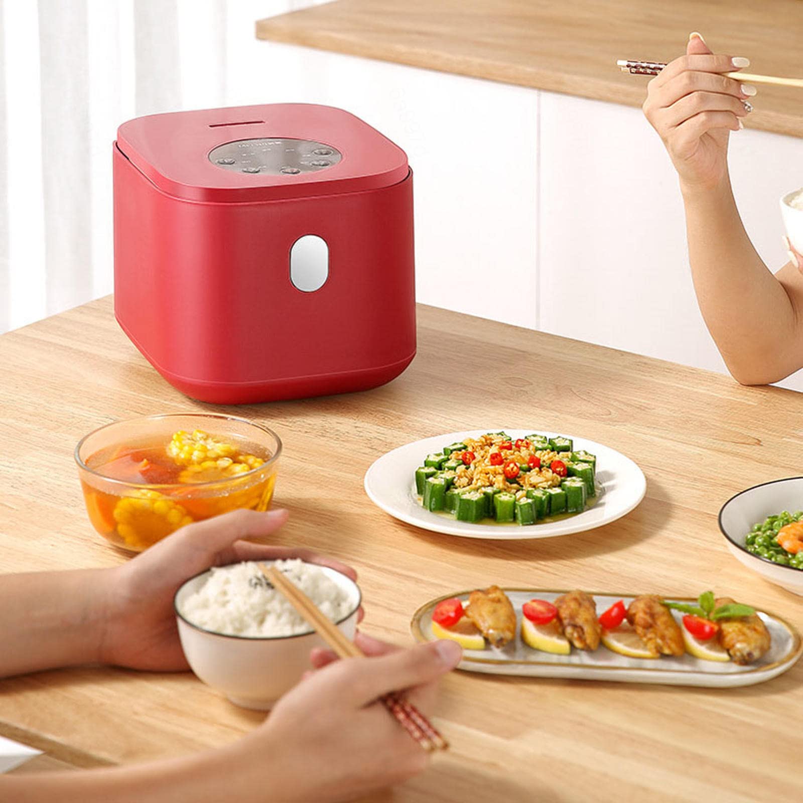 Rijstkoker 2,5 L Inclusief Stoominzet (opwarmfunctie, Kookpan met Anti- aanbaklaag, Rijstlepel en Maatbeker) 400 W, Zachte Koker Voor Groenten en Vis Enz.,Red-2.5L