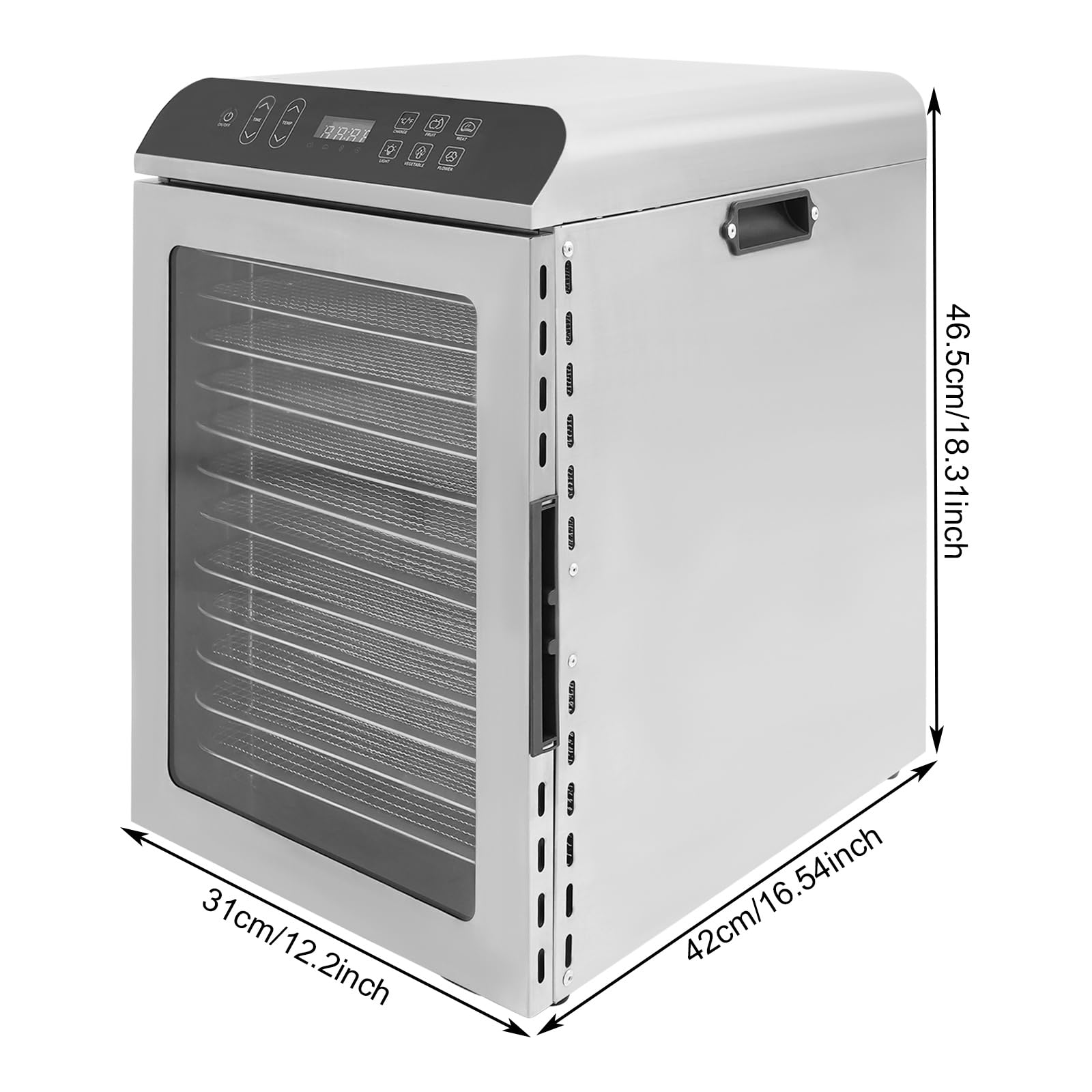 800W Food-Dehydrator Machine, Stainless Steel, Adjustable Temperature (86-194?), Adjustable Timer, Double-Layer Insulation, Fruit Dehydrator for Jerky, Meat, Beef, Herbs (12 trays-keyed model)