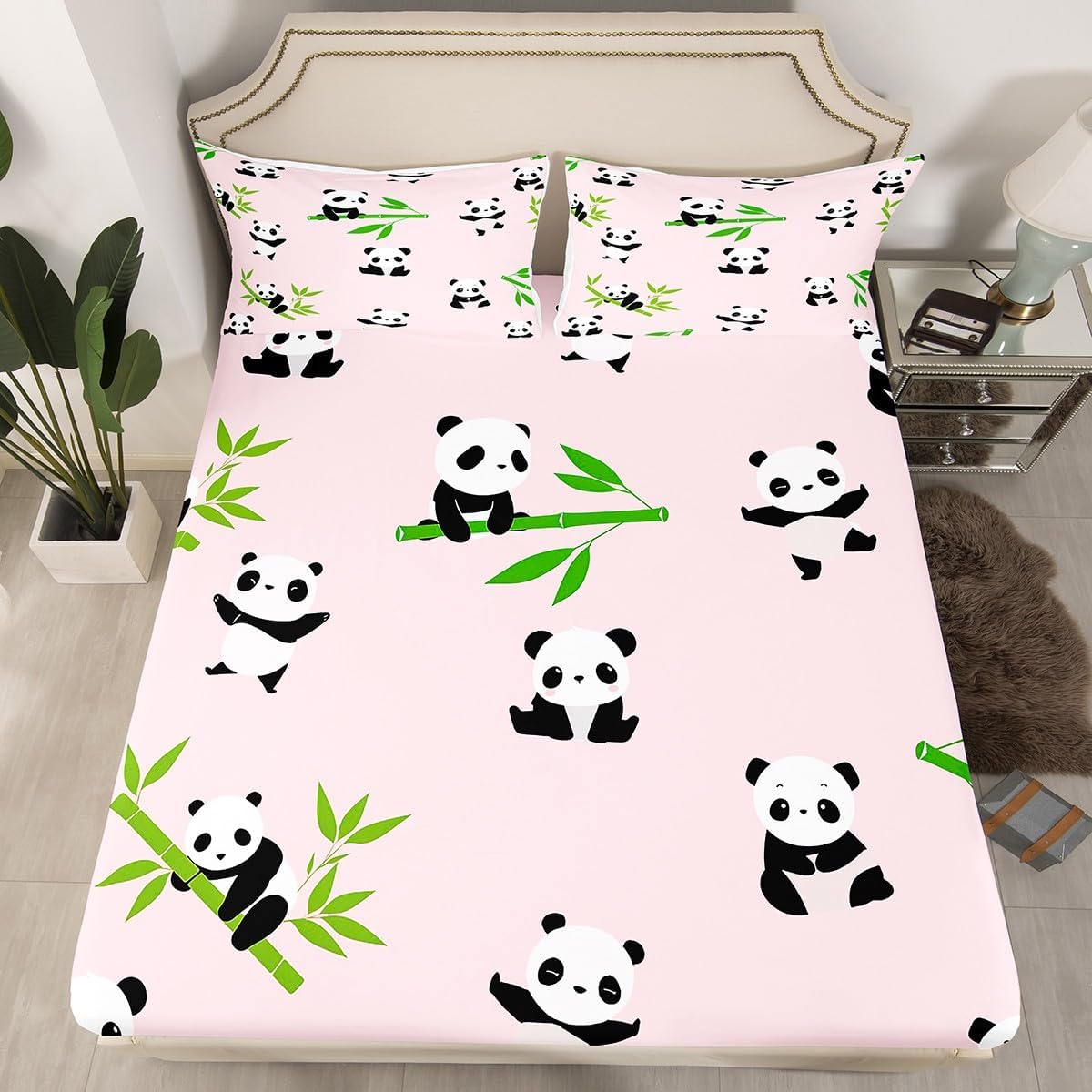 Panda Fitted Sheet Kids Cute Animal Bedding Set for Boys Girls Cute Cartoon Panda Bed Sheet Set Breathable Panda Bear Printed Pink Bed Cover Room Decor Quilt Cover Twin Size