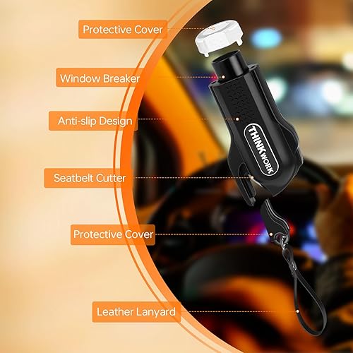 Vista 25 de THINKWORK Martillo de seguridad para el automóvil para regalos de adolescentes y hombres, herramienta de escape de emergencia tres en uno azul