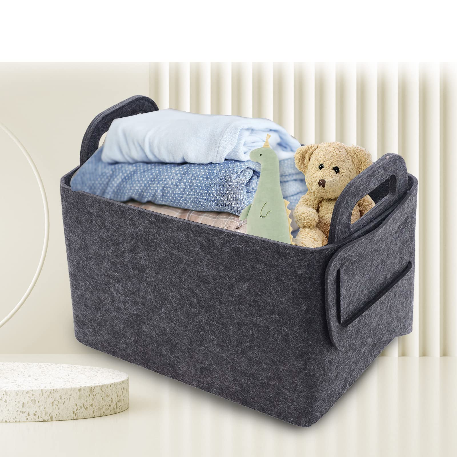 Cesta de almacenamiento de fieltro blanco con asas para baño, maquillaje, armarios, color gris, 45 x 31 x 29 cm