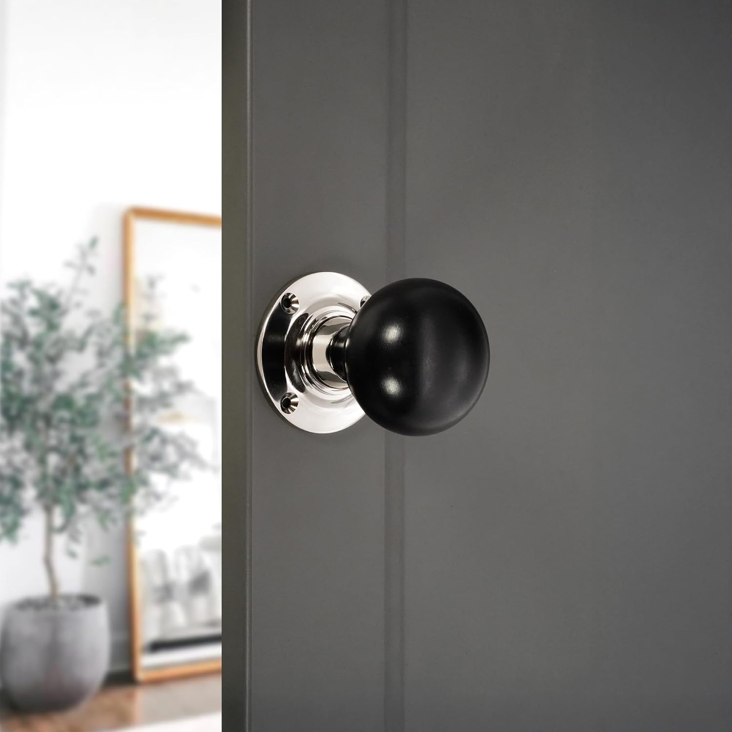 Infinity Decor 100% Pure Ebony Wood Door Knobs/Bun & Beehive Wooden Door Knob/Country Cottage Period Home Door Handles Polished Nickel Finish (Ebony Bun)
