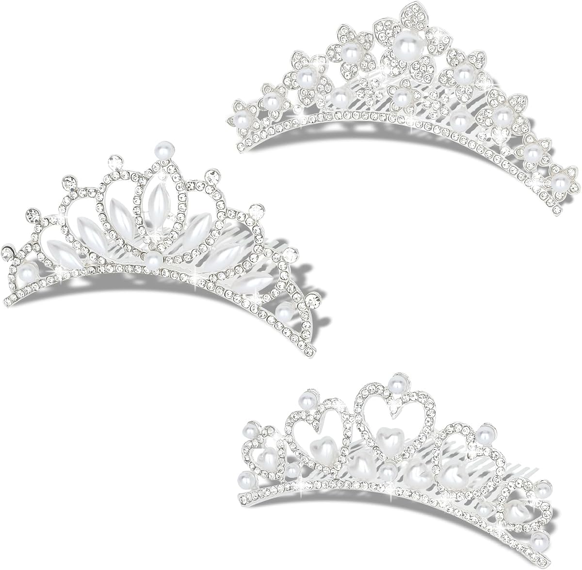 3Pcs Tiara Crown,Princess Crowns,Small Tiaras with Hair Comb for Girls | Princess Mini tiara for Party, Tiny Safe crown with Comb ,Crystal Shiny Cute Hair Accessory with Pearl for Wedding(3 styles)