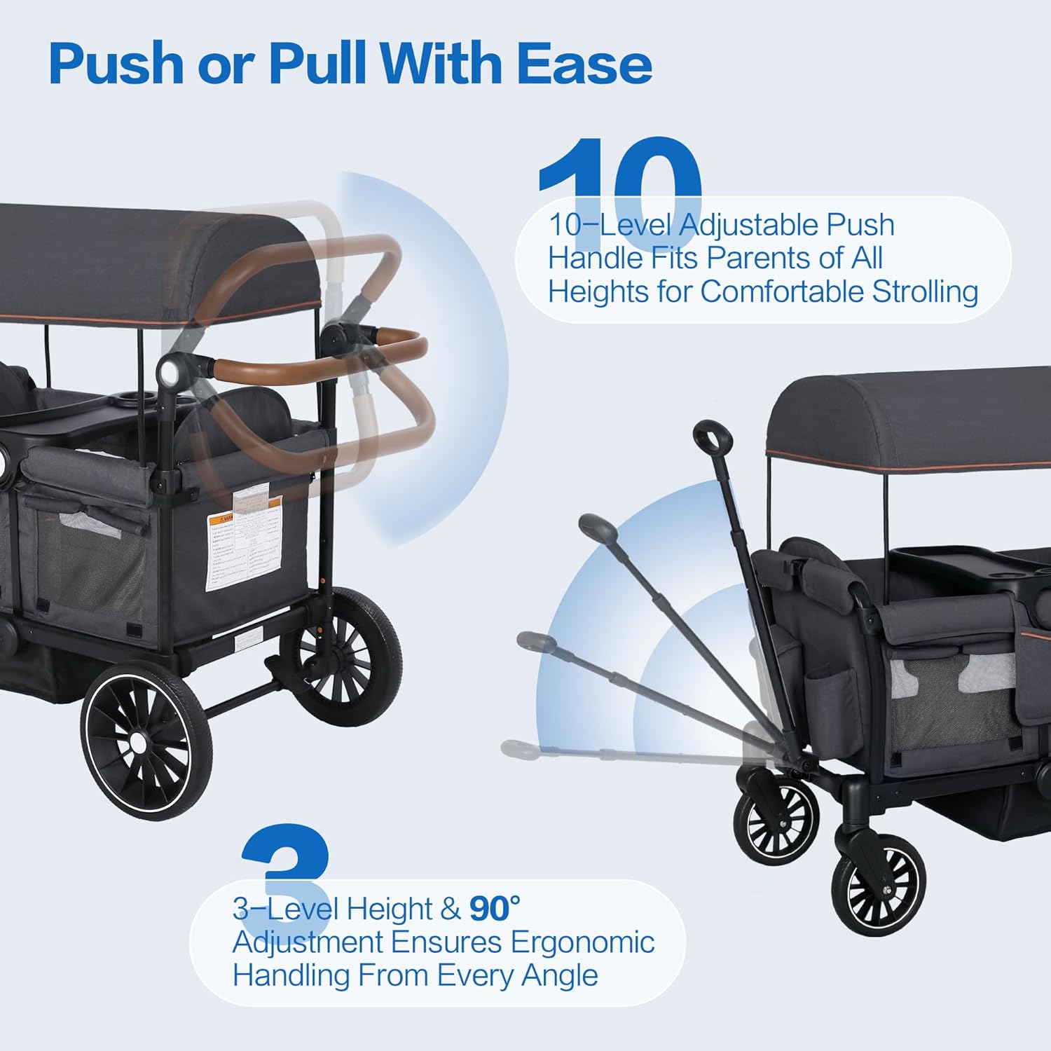 TODEFULL Stroller Wagon for 2 Kids, Push & Pull Kids Cart with Safety Harnesses, Foldable All-Terrain Stroller with Adjustable Handle, Removable Canopy, Snack Tray, Large Storage Bag, Gray