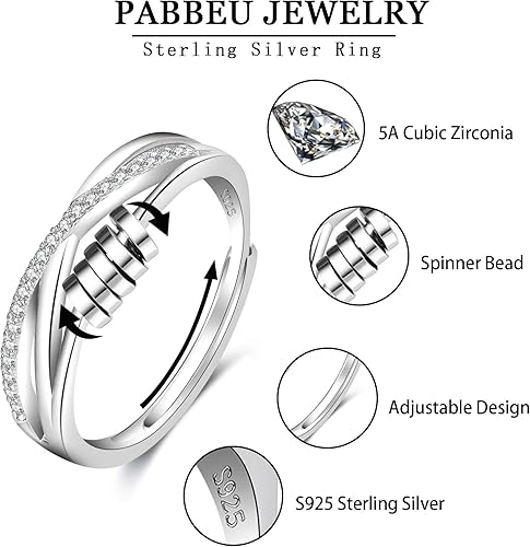 Miniatura 2 de PABBEU Anillo de ansiedad para mujer, plata de ley 925, con circonita cúbica, ajustable, para aliviar el estrés, anillo de ansiedad para niñas y