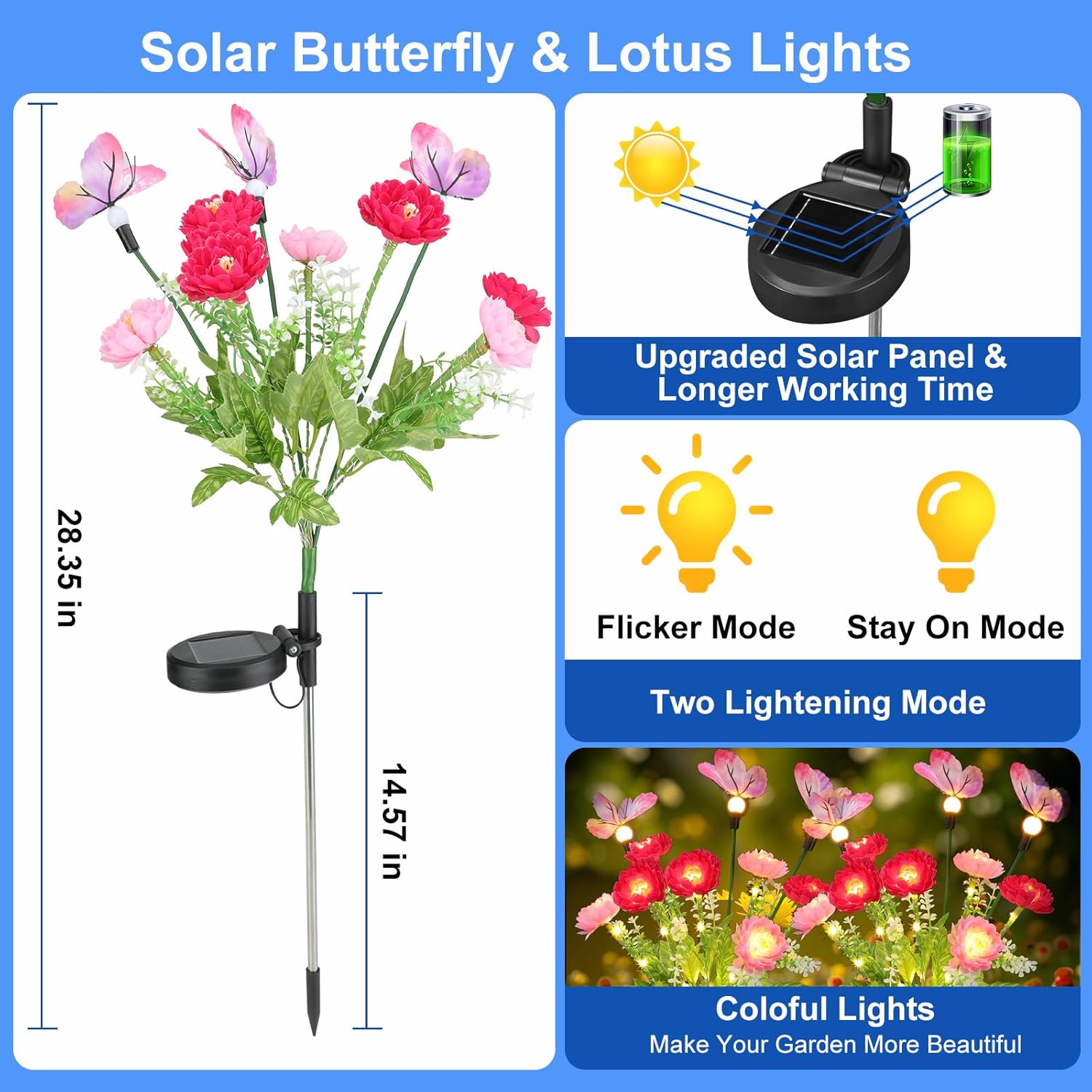 Solar Garden Lights,Solar Lights Outdoor Waterproof with Butterfly Flower,2 Pack Solar Powered Outdoor Lights,Solar Lights for Outside,Garden Lights Patio Yard Decor,Gifts for Fathers Day Dad Grandpa