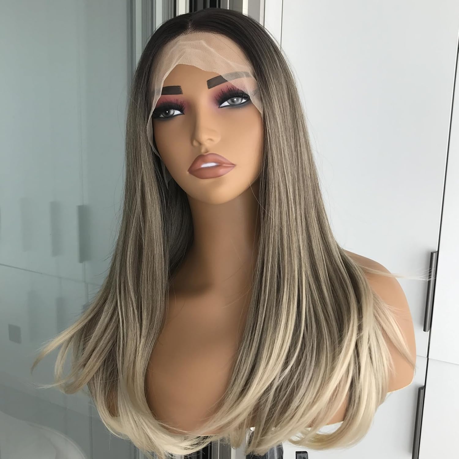 Ombre Brown Blonde Lace Front Wig Natural Straight Wigs for Women 13x4 Pre Plucked Synthetic Lace Front Wig Heat Resistant Glueless Daily Use Shoulder Length 20 Inch