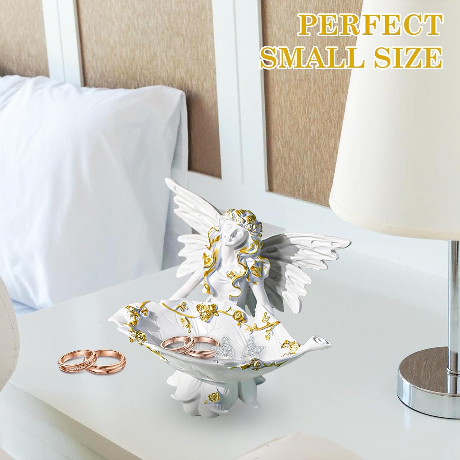6 Inch Elegant Angel Jewelry Tray, Exquisite Resin Angel Statue Decorative Dish, Unique Jewelry Holder for Bedroom or Living Room Decor