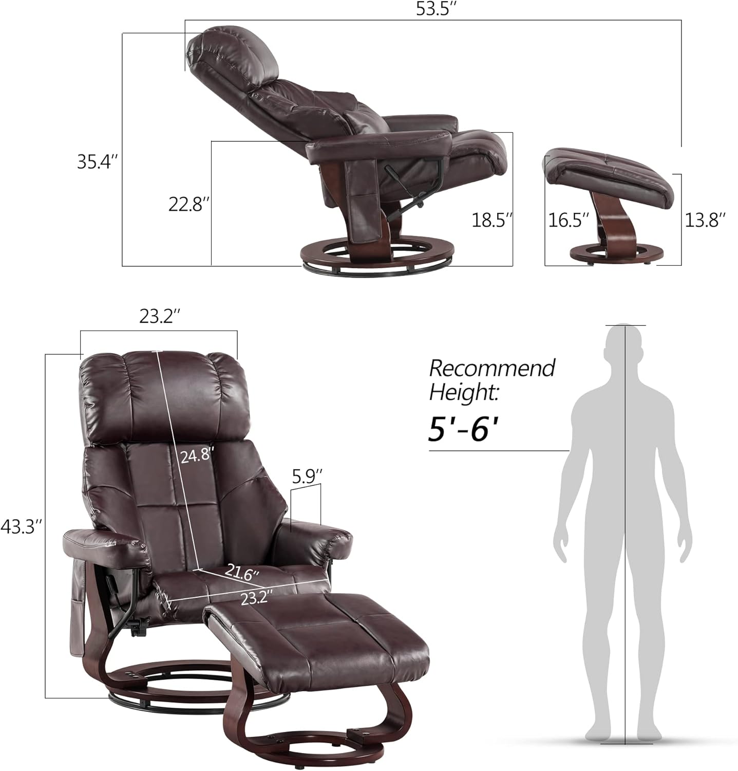 Mcombo Recliner with Ottoman Reclining Chair with Vibration Massage and Removable Lumbar Pillow, 360 Degree Swivel Wood Base, Faux Leather 9068 (Dark Brown) : Home & Kitchen