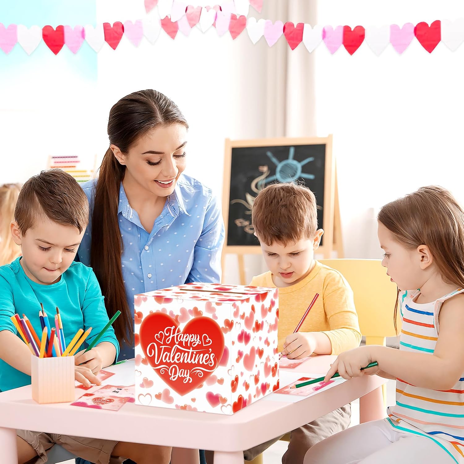 Mulbozy Valentines Card Box with 50 Valentines Greeting Cards, Love Valentine Collection Box for School Classroom Boys Girls Gifts Exchange, Valentines Party Favor