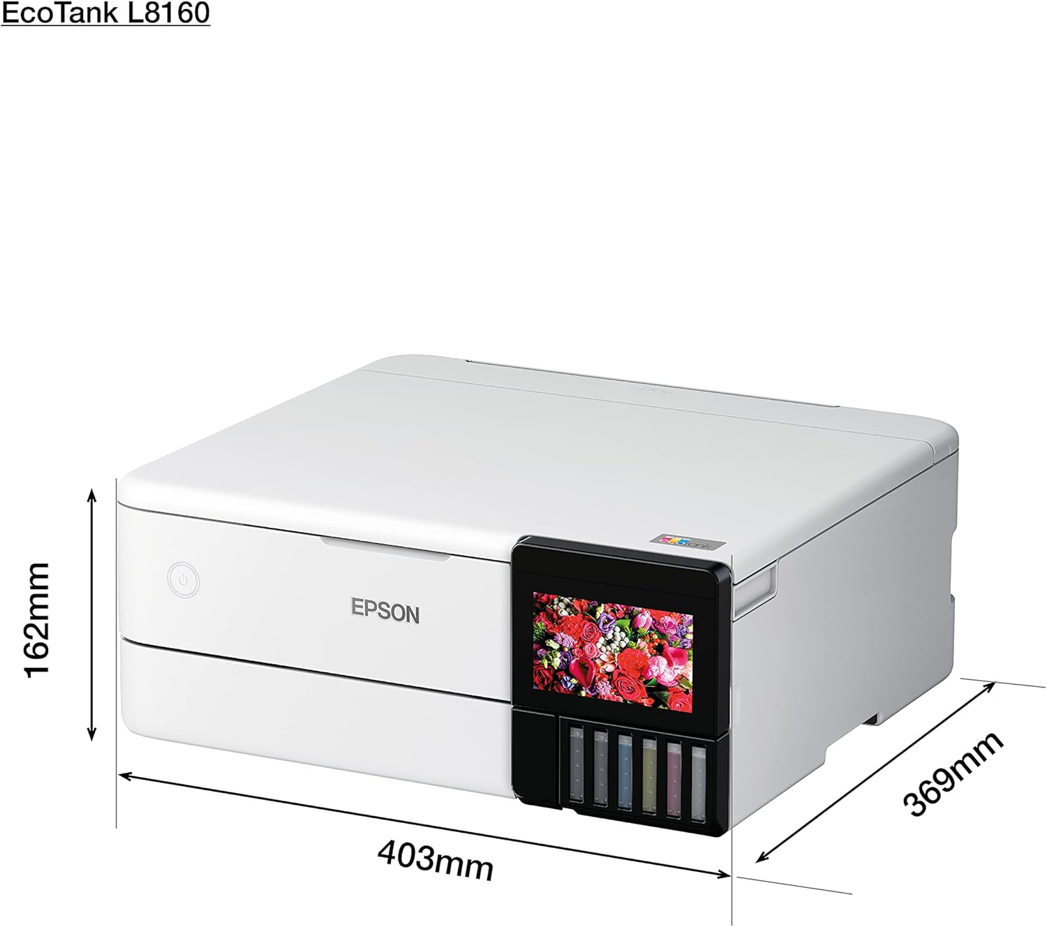 Epson EcoTank L8160 printer with dimensions labeled: 162mm height, 403mm width, and 369mm depth.