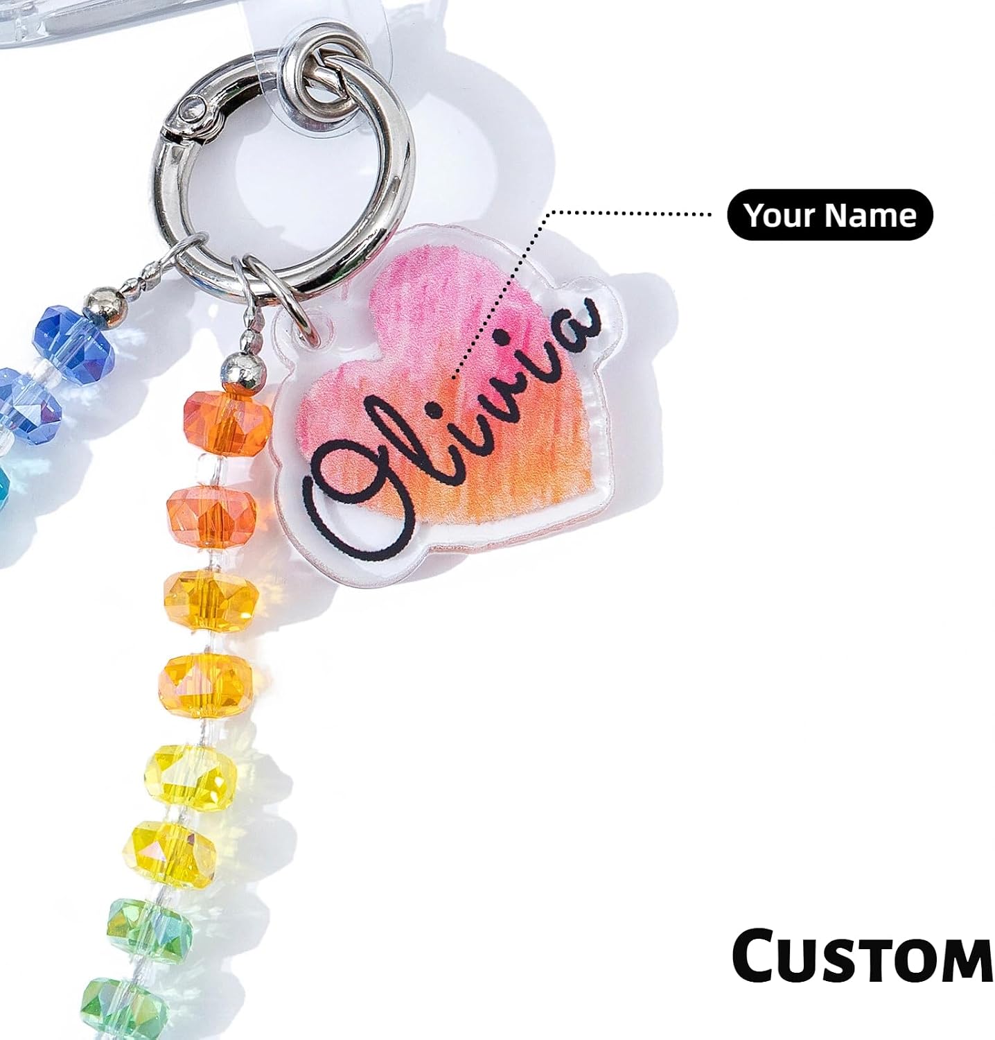 Custom Name Phone Charm Wrist Strap Personalized Rainbow Crystal Beaded Heart Tag Birthday Gift for Her