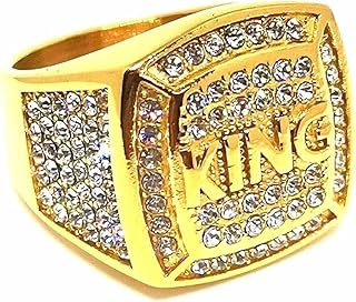 Stainless Steel King Gold Plated Bling Iced Out Ring with Cubic Zirconia Stones for Men Women Friends Gift Bold Statement Fashion Jewelry