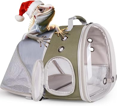 WEVONIGU Expandable Small Animal Backpack Carrier with Clear Bubble Window Large Space Travel Cage for Hedgehog Rat Parrot,Bearded Dragon,Sugar Glider,Airline Approved Army Green, BE Backpack