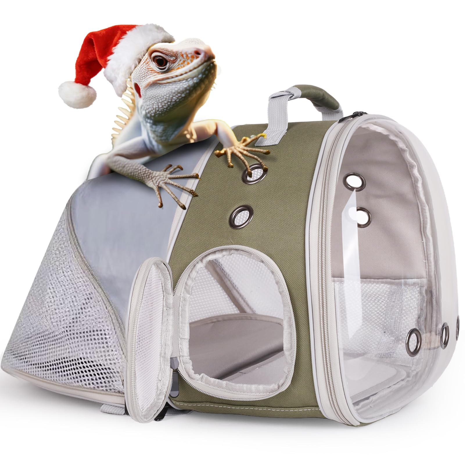 Erweiterbarer Bartagamen-Rucksack mit transparentem Blasenfenster, großer Reisekäfig, Fluggesellschaften zugelassen, Armeegrün, Rückenverlängerung