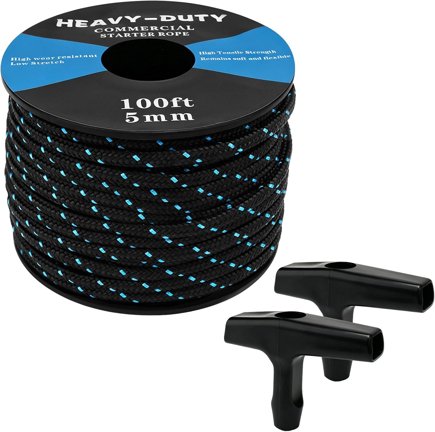 5mm 100ft Universal Starter Rope Pull Cord with 2 Starter Handle for Small Engine, Replacement for Chainsaw Lawn Mower Trimmer Edger Brush Cutter Engine, High Strength and wear Resistance