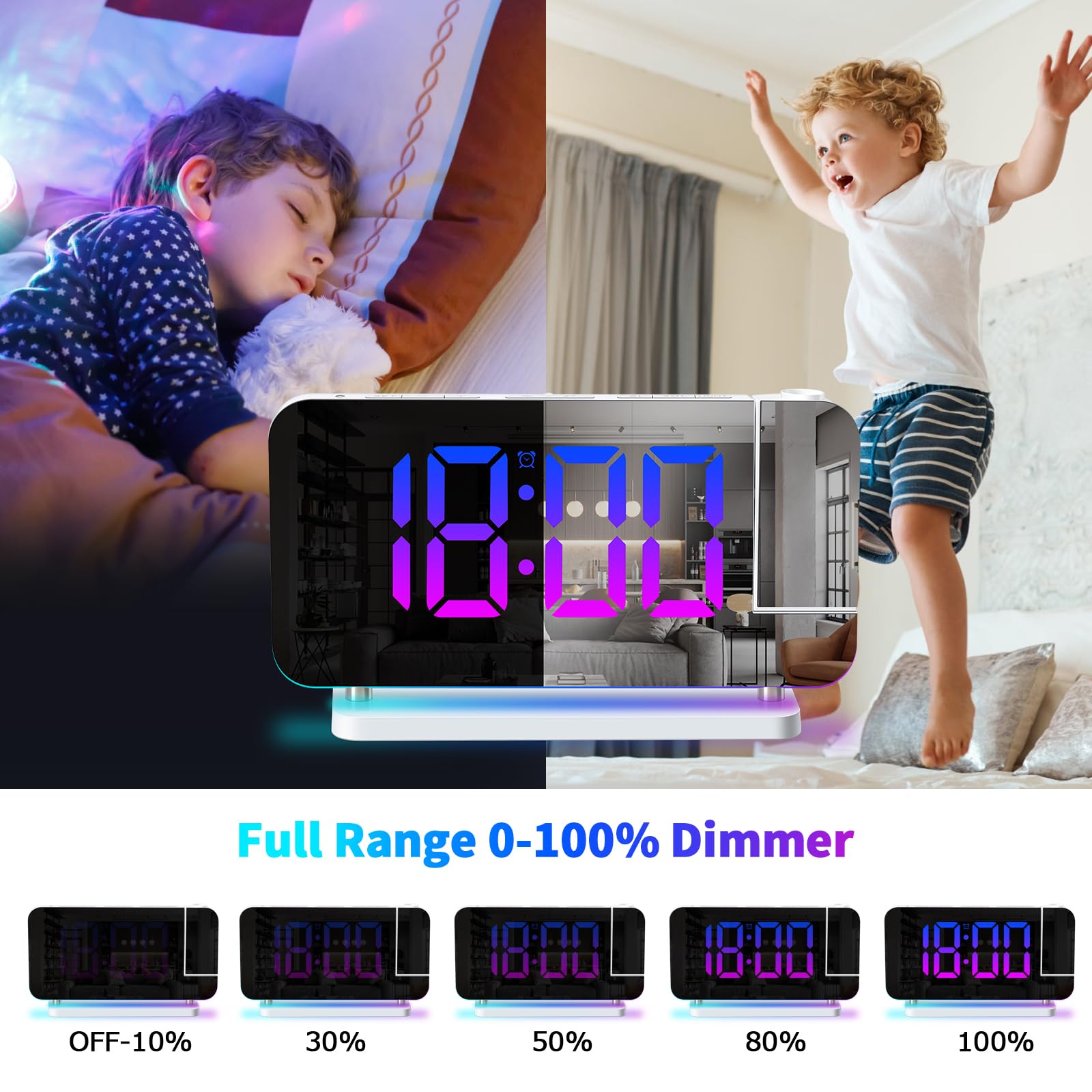 ThreeH Réveil Projecteur LED RGB Coloré avec Surface Miroir Affichage Auto Dimming Volume Réglable Double Port de Charge USB Veilleuse Blanc