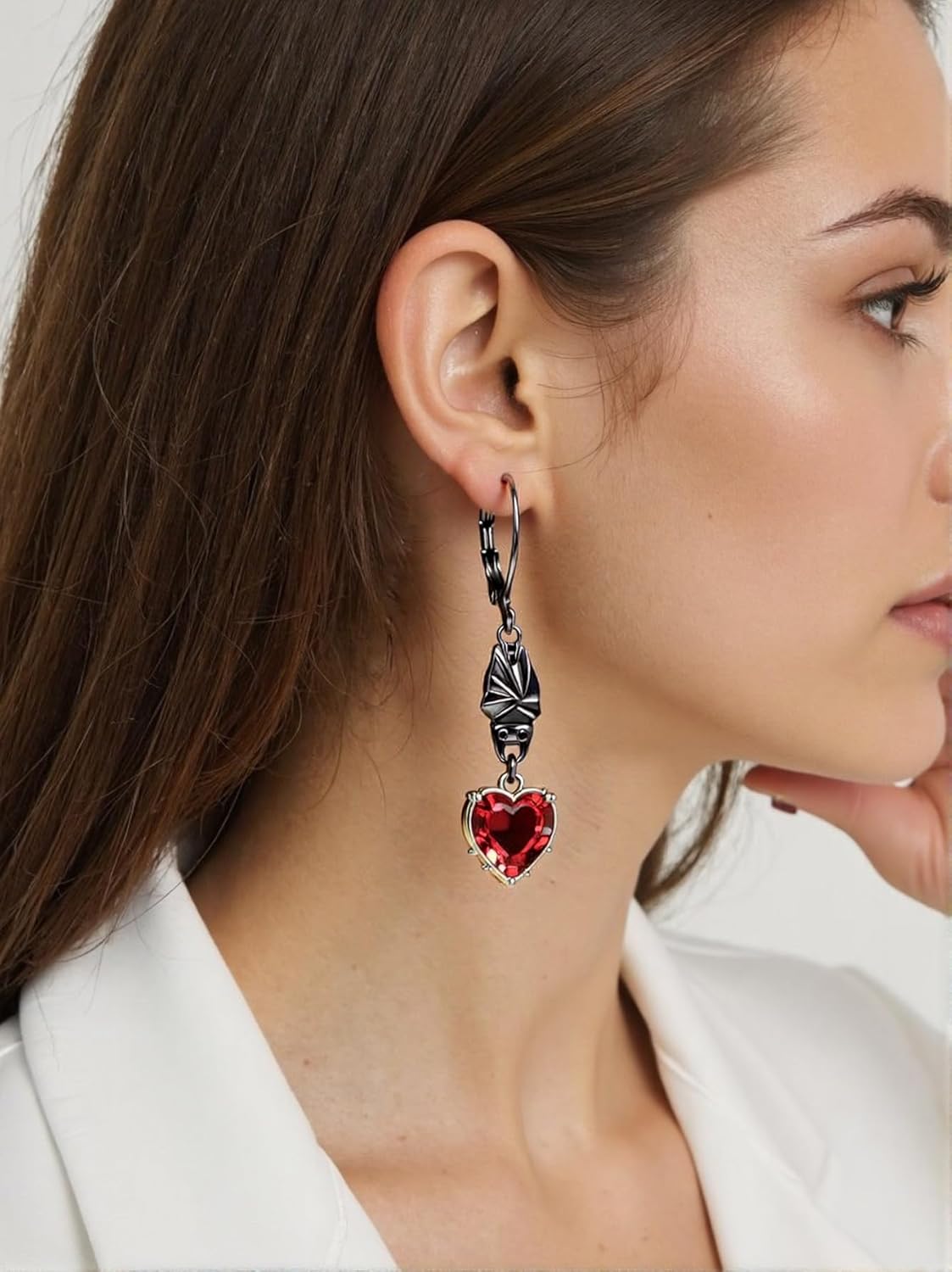 Gothic Rose Dangle Earrings for Women Goth Black Red Rose Flower Bat Skeleton with Heart Crystal Earrings Leverback Drop Earrings Halloween Earrings for Women - Image 2