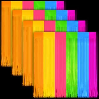 4 Pack Glow in The Dark Curtains Party Supplies 6.6 x 3.3 Ft Glow Tinsel Foil Fringe Curtains Colorful Patchwork Streamer Backdrop for Birthday Holiday Neon Party Decorations