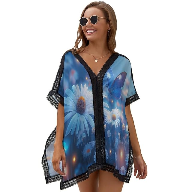 Womens Swimsuits Cover Ups Daisy Butterfly Chiffon Beach Cover Bathing Suit Bikini Wear Coverups