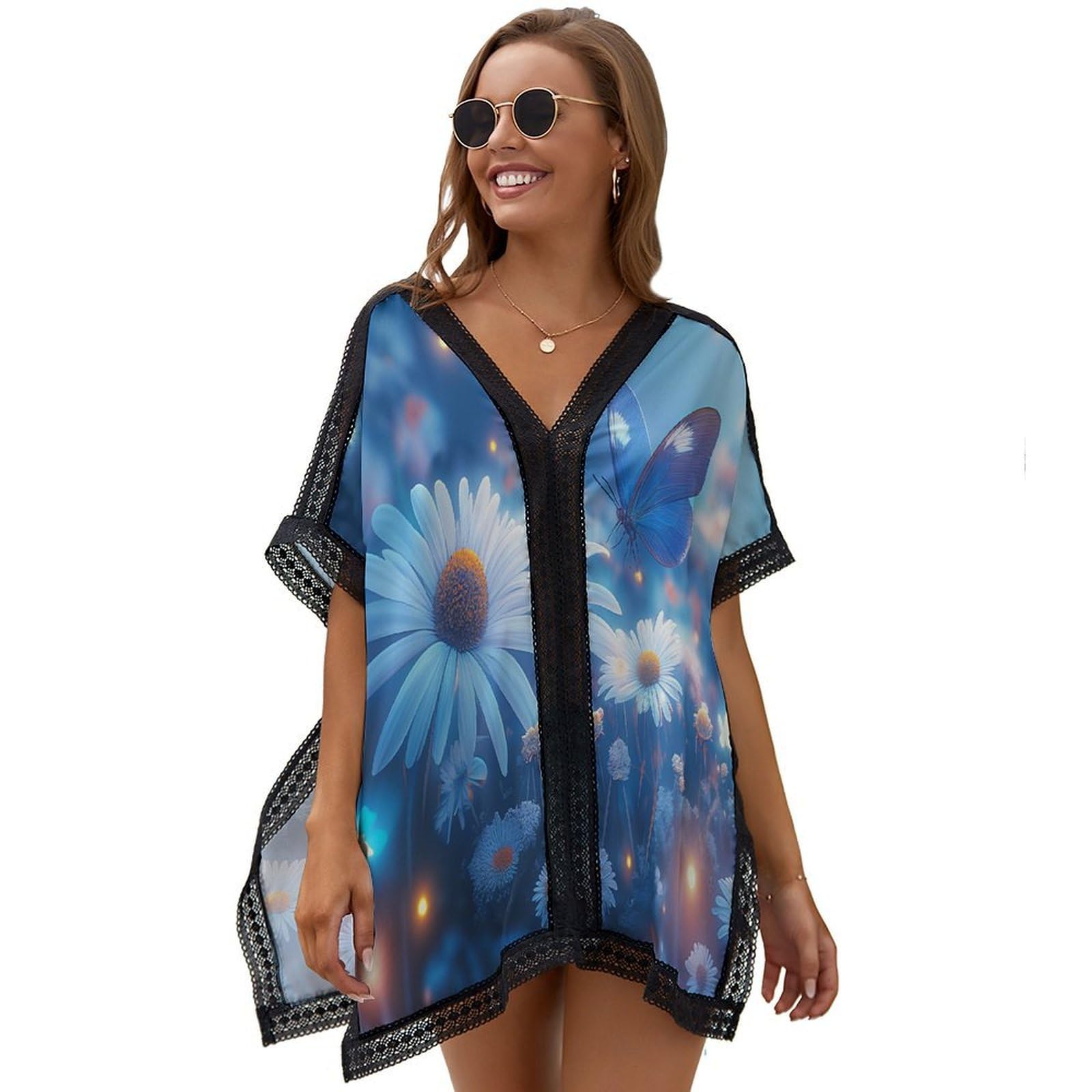 Womens Swimsuits Cover Ups Daisy Butterfly Chiffon Beach Cover Bathing Suit Bikini Wear Coverups