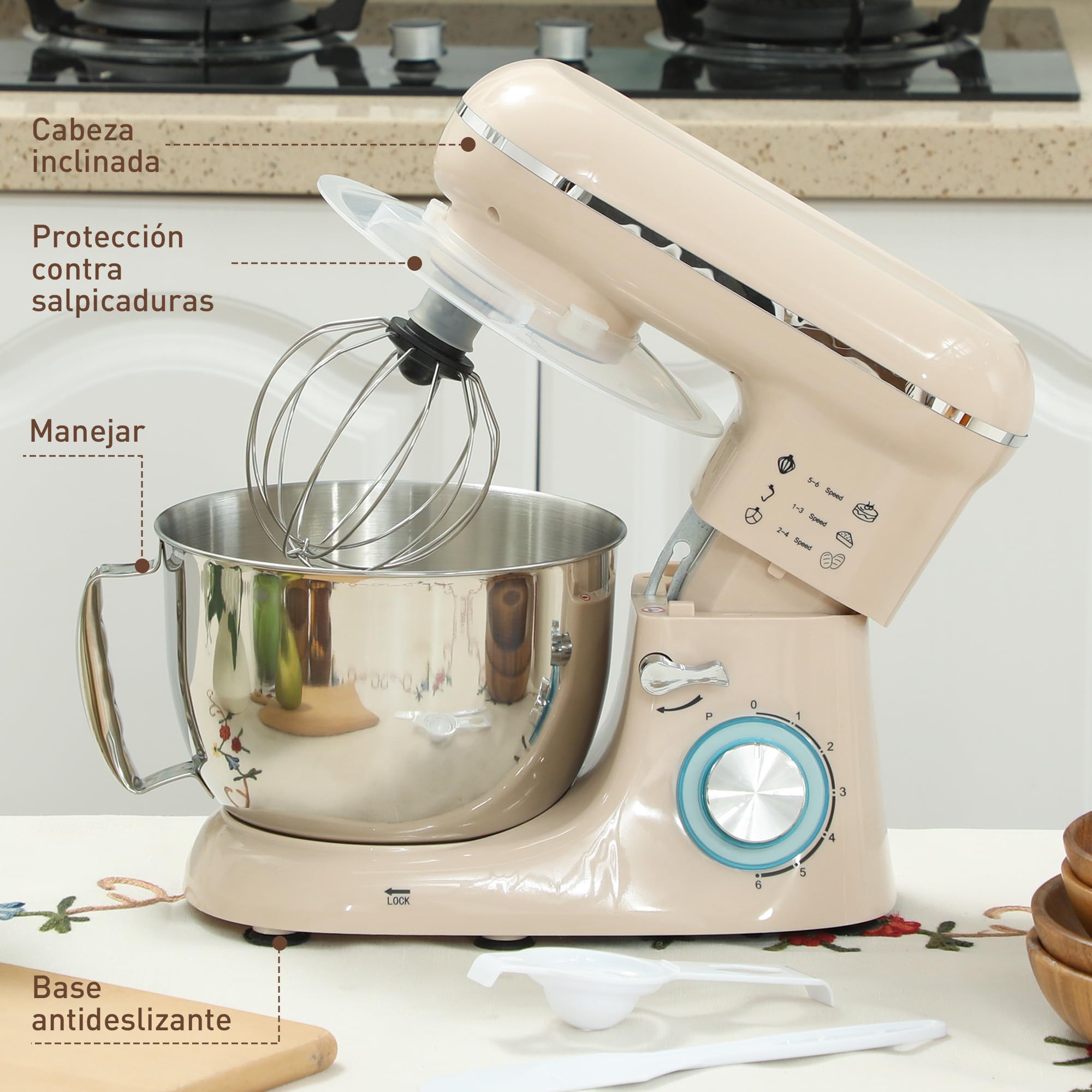 HOMCOM Batidora Amasadora 4,5L, Amasadora de Pan 1300W, Amasadora Repostería, 6 Velocidades, Bol de Acero Inoxidable, Batidor, Gancho, Varilla, Protector contra Salpicaduras, Beige