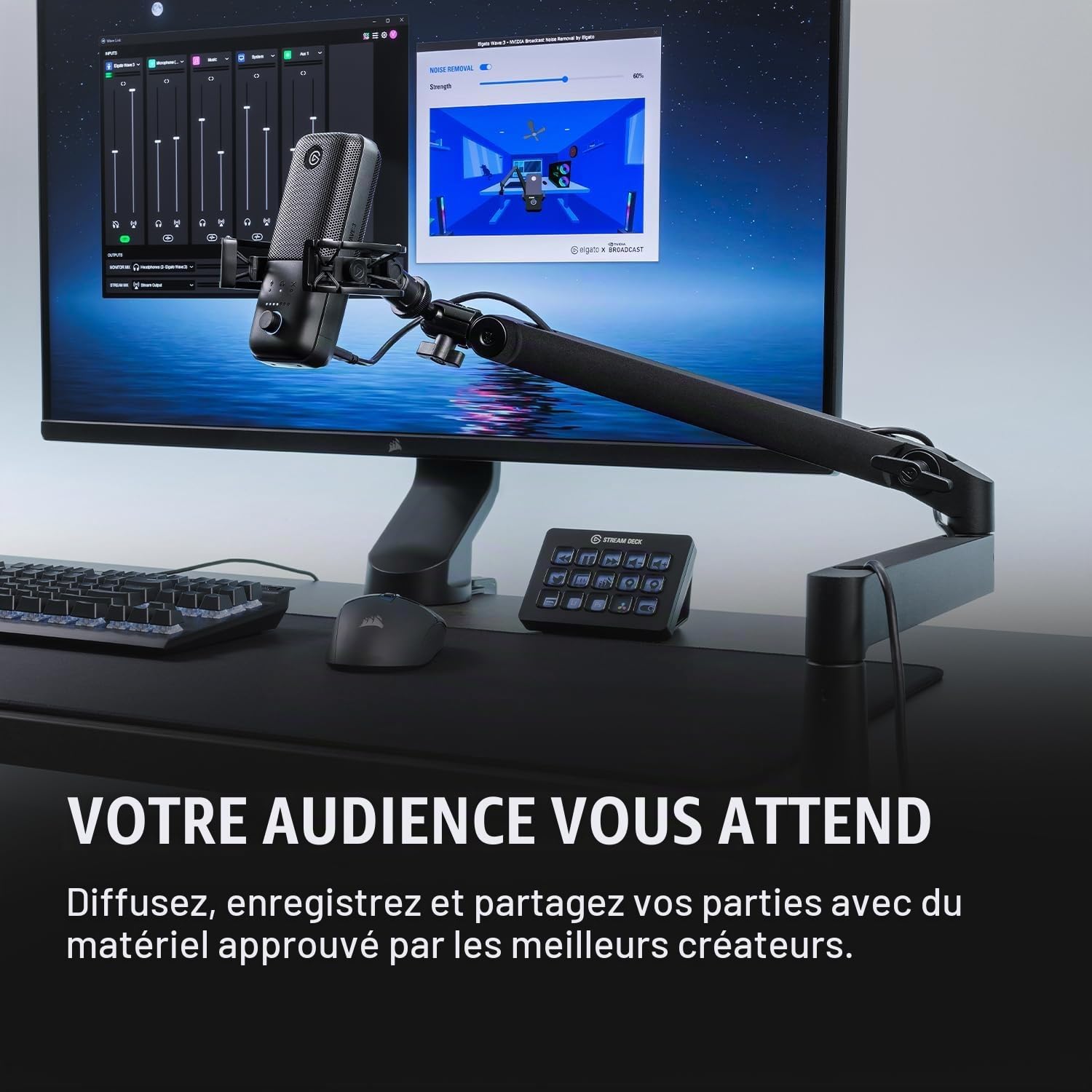 Elgato Micro Wave:3 avec perche compacte entièrement réglable équipée de passe-câbles, idéal pour podcasts, streaming, gaming, télétravail, logiciel de mixage gratuit, plug and play pour Mac et PC
