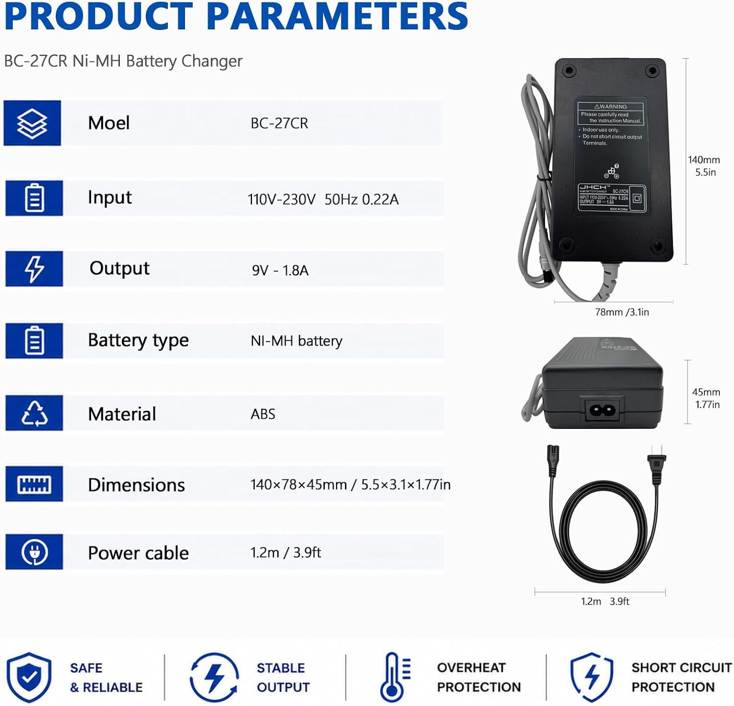 BC-27CR NiMH Battery Charger, 3 Pin Charger for BT-50Q,BT-52QA Batteries, Professional Survey Equipment Battery Charger with Smart Charging Protection