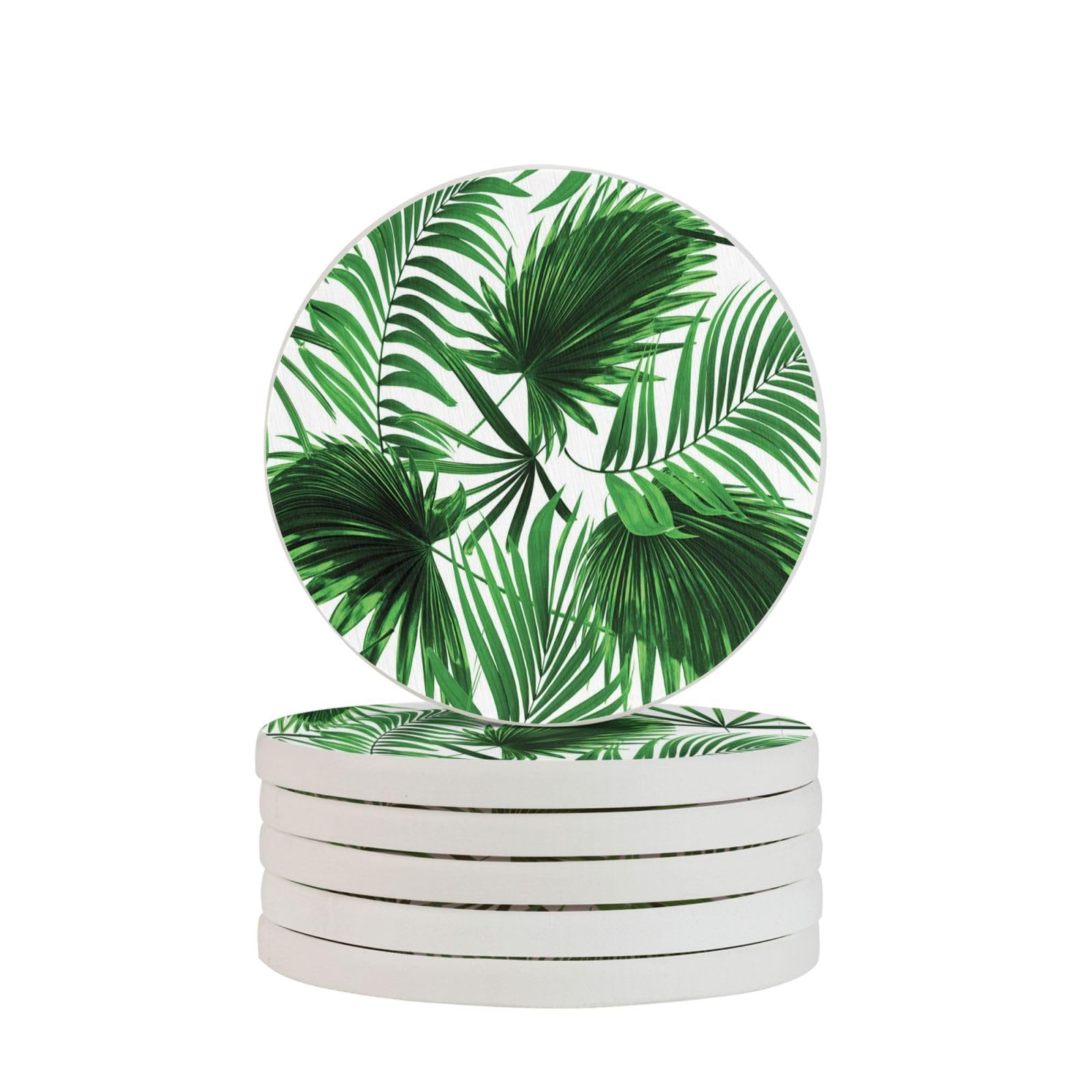 Palm Leaf Print Round Diatomite Coasters (Multipack), Fast-Drying, Drink Coasters For Multipurpose Use