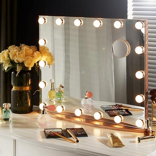 Miniatura 7 de LUXFURNI Espejo de maquillaje Hollywood para mesa con luz regulable alimentada por USB, control táctil, luz LED cálida de 12 días (16 pulgadas de